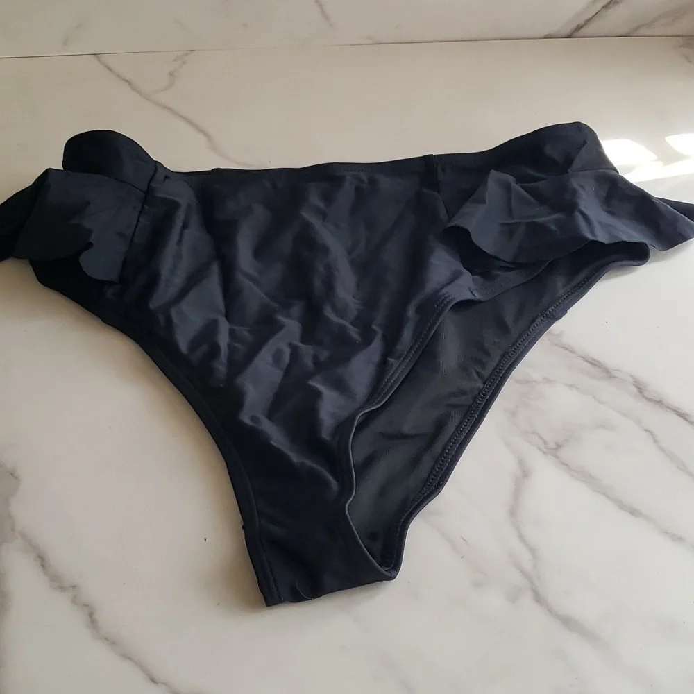 SPORLIKE Ruffle V Neck High Waisted Bikini in Black Size XL